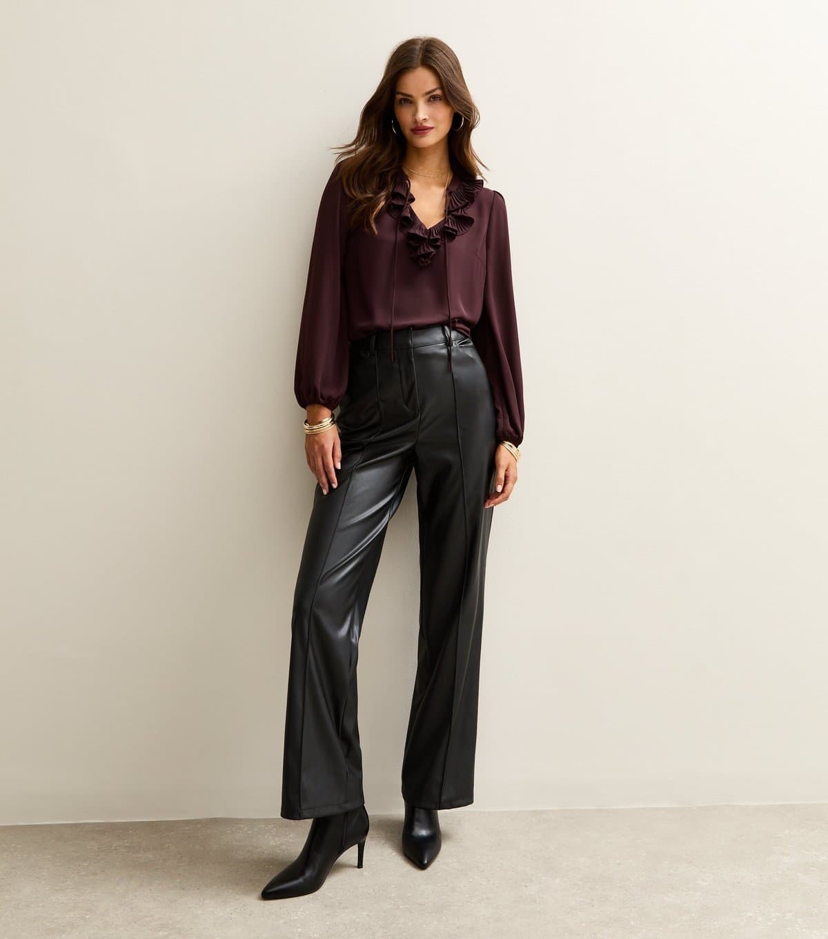 New Look Women's Tall Black Faux Leather Wide Leg Trousers New Look