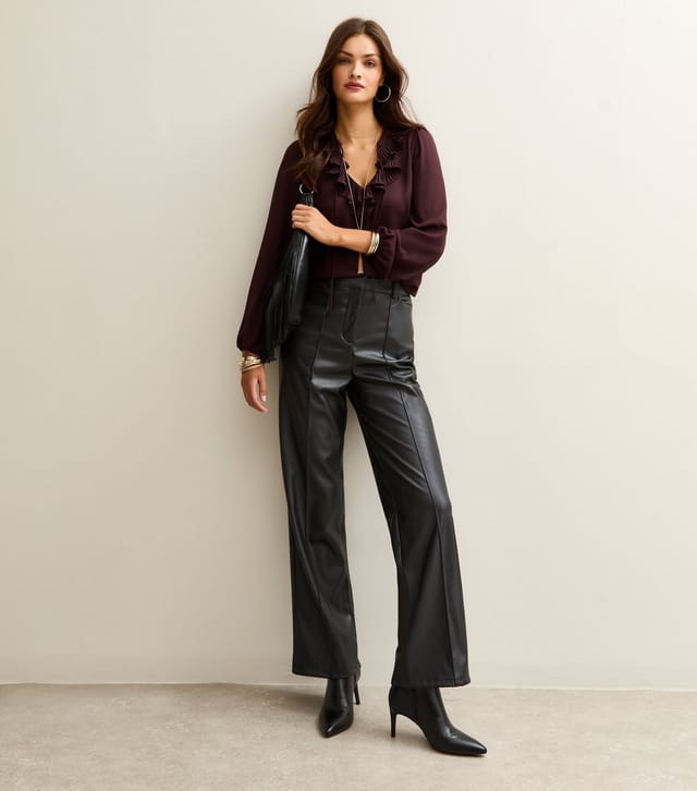 New Look Women's Tall Black Faux Leather Wide Leg Trousers New Look - 3