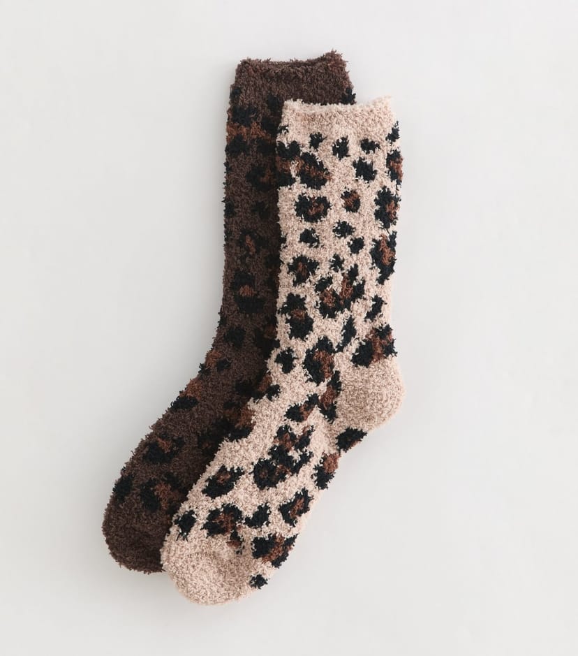 New Look Pack of 2 Brown Leopard Print Cosy Knit Ankle Socks New Look - 1