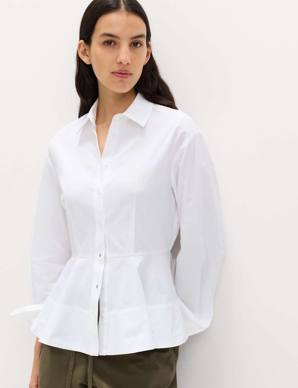 Marks & Spencer M&S Pure Cotton Button Through Peplum Shirt Soft White