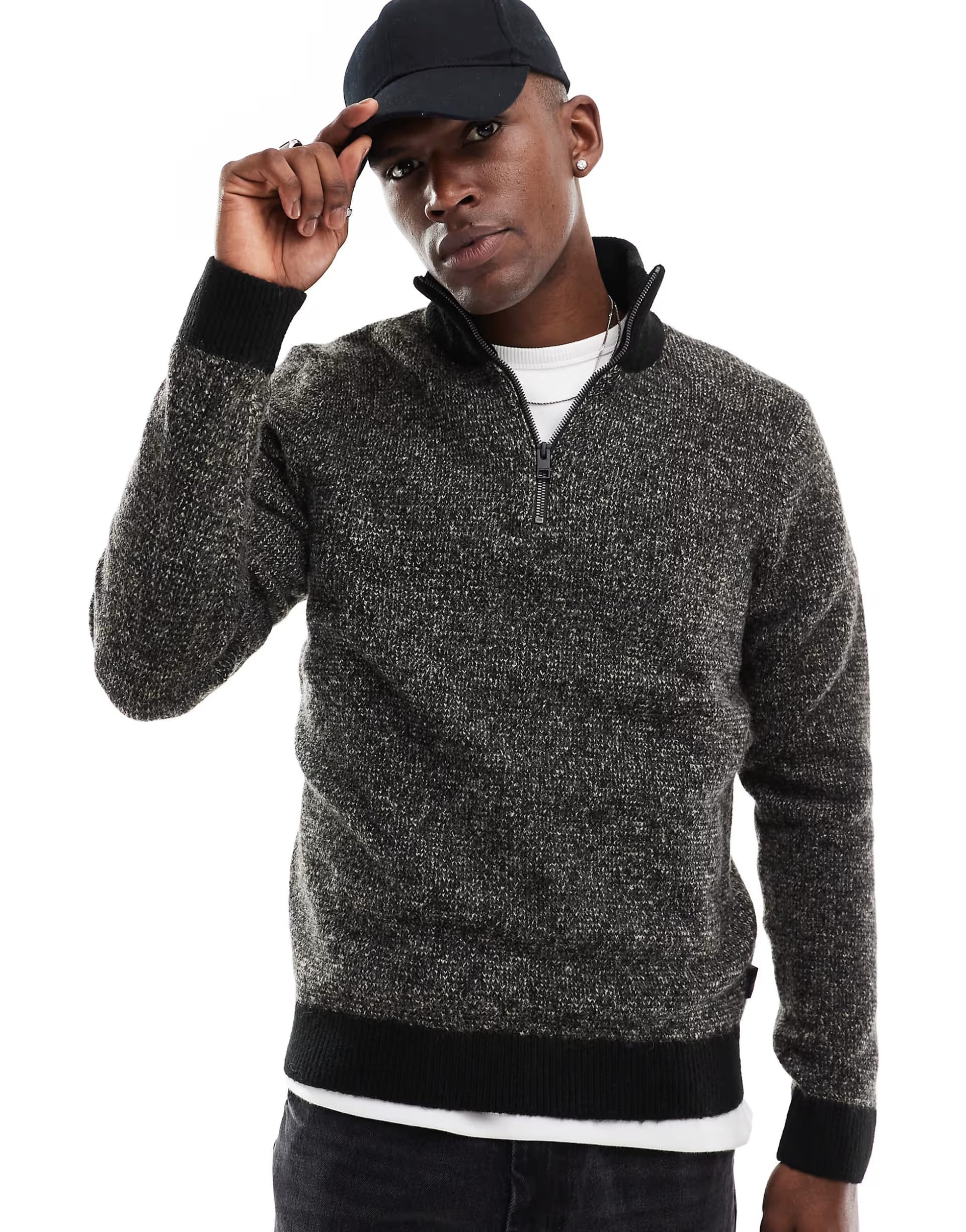 Jack & Jones Black & Beige Half Zip Knitted Jumper