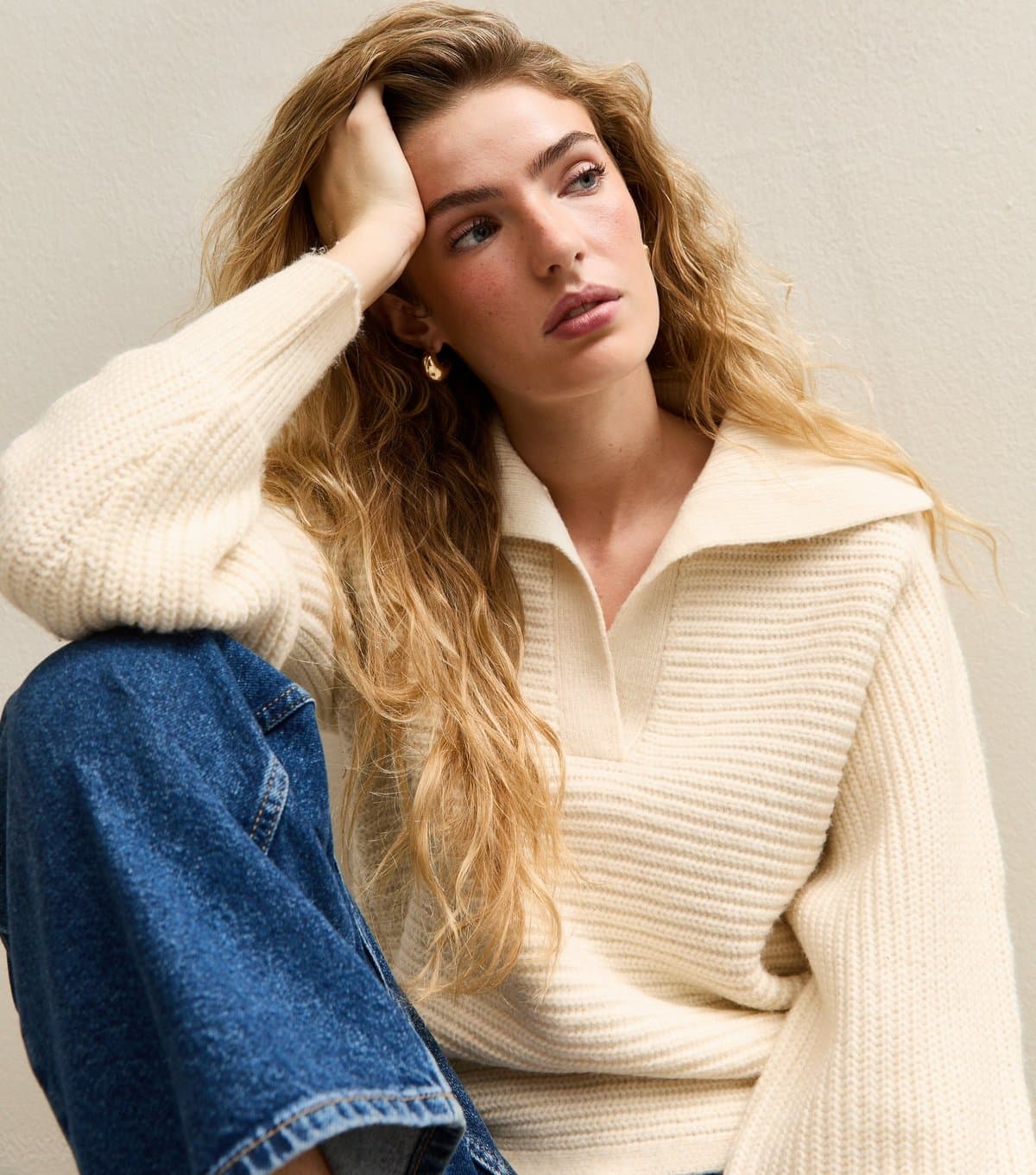 New Look Women's Cream Stitchy Polo Batwing Jumper New Look