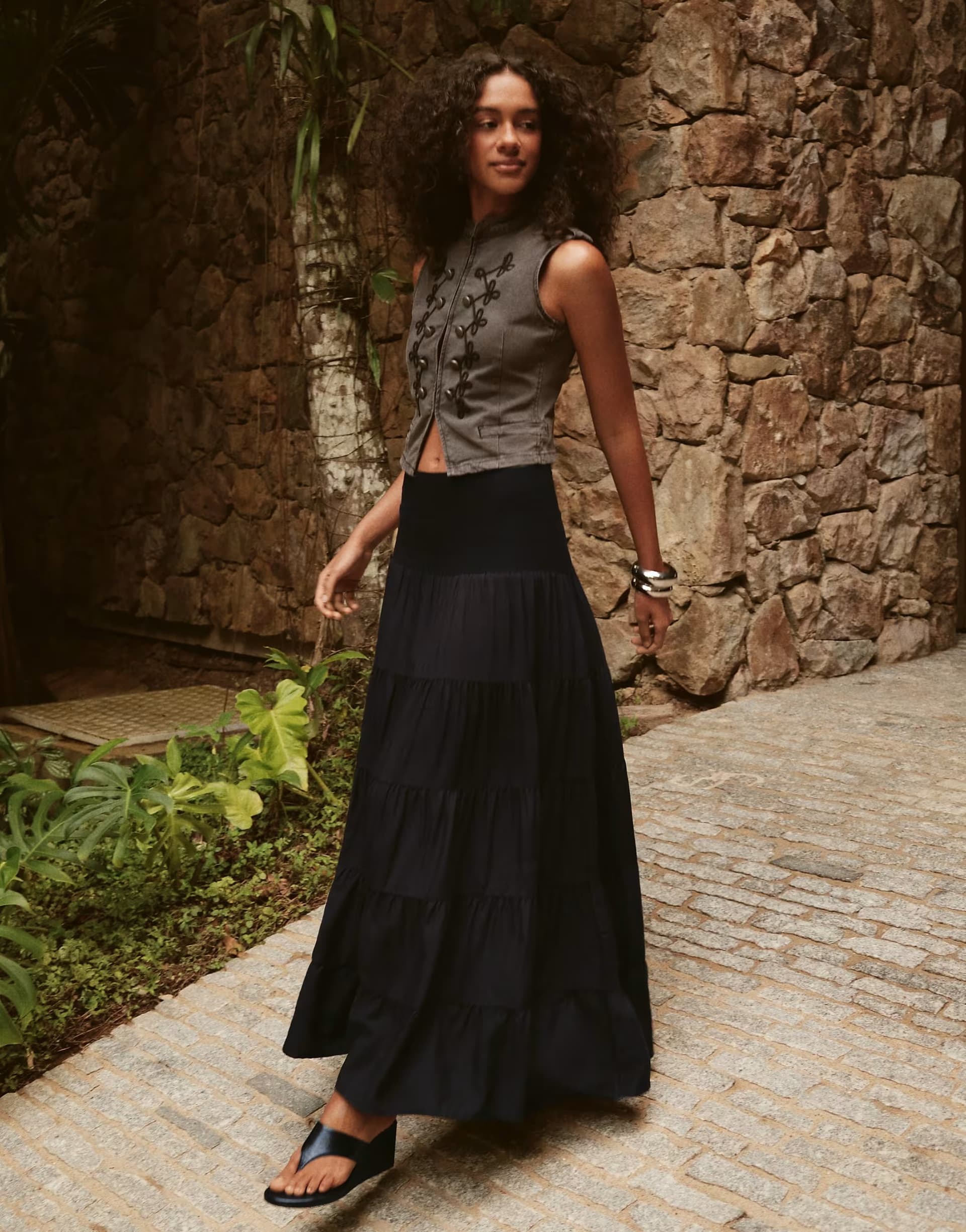 ASOS Bershka Fold-over waist midi skirt in black