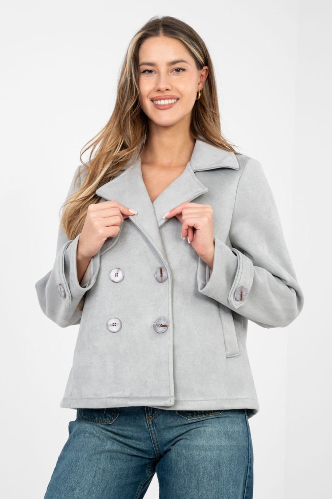 Love Lace Love Lace Women's Suede Short Double Breasted Transitional Coat in Grey