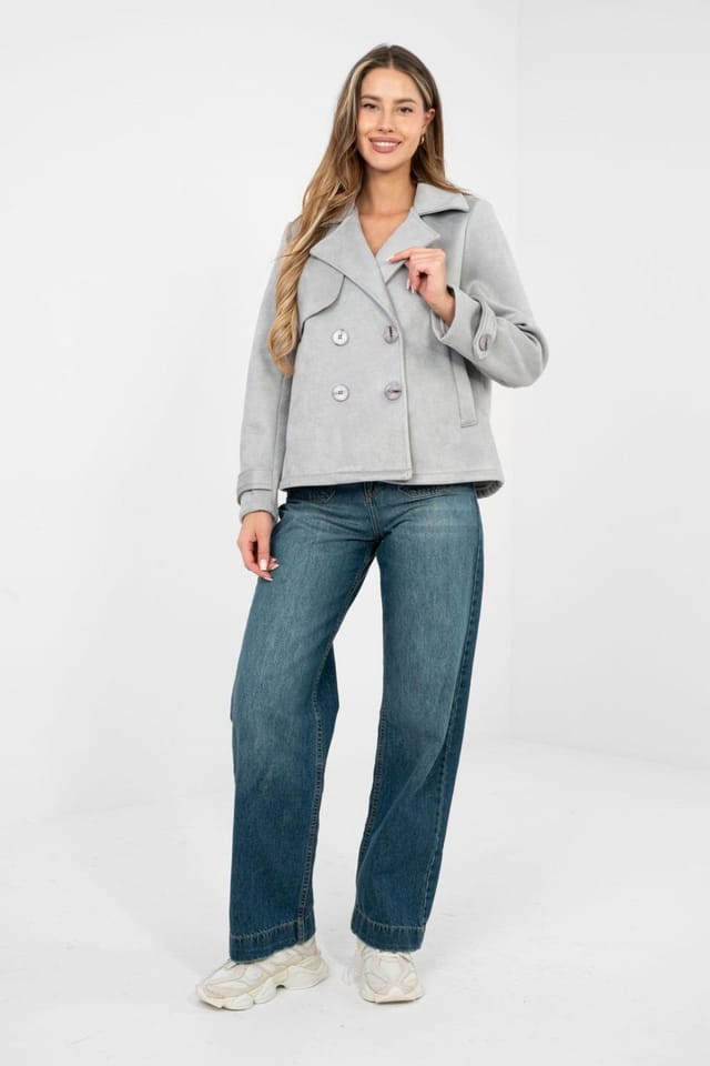 Love Lace Love Lace Women's Suede Short Double Breasted Transitional Coat in Grey - 2