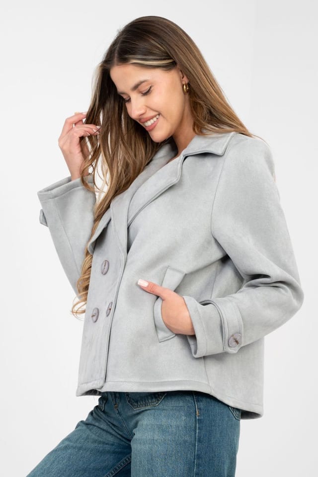 Love Lace Love Lace Women's Suede Short Double Breasted Transitional Coat in Grey - 3