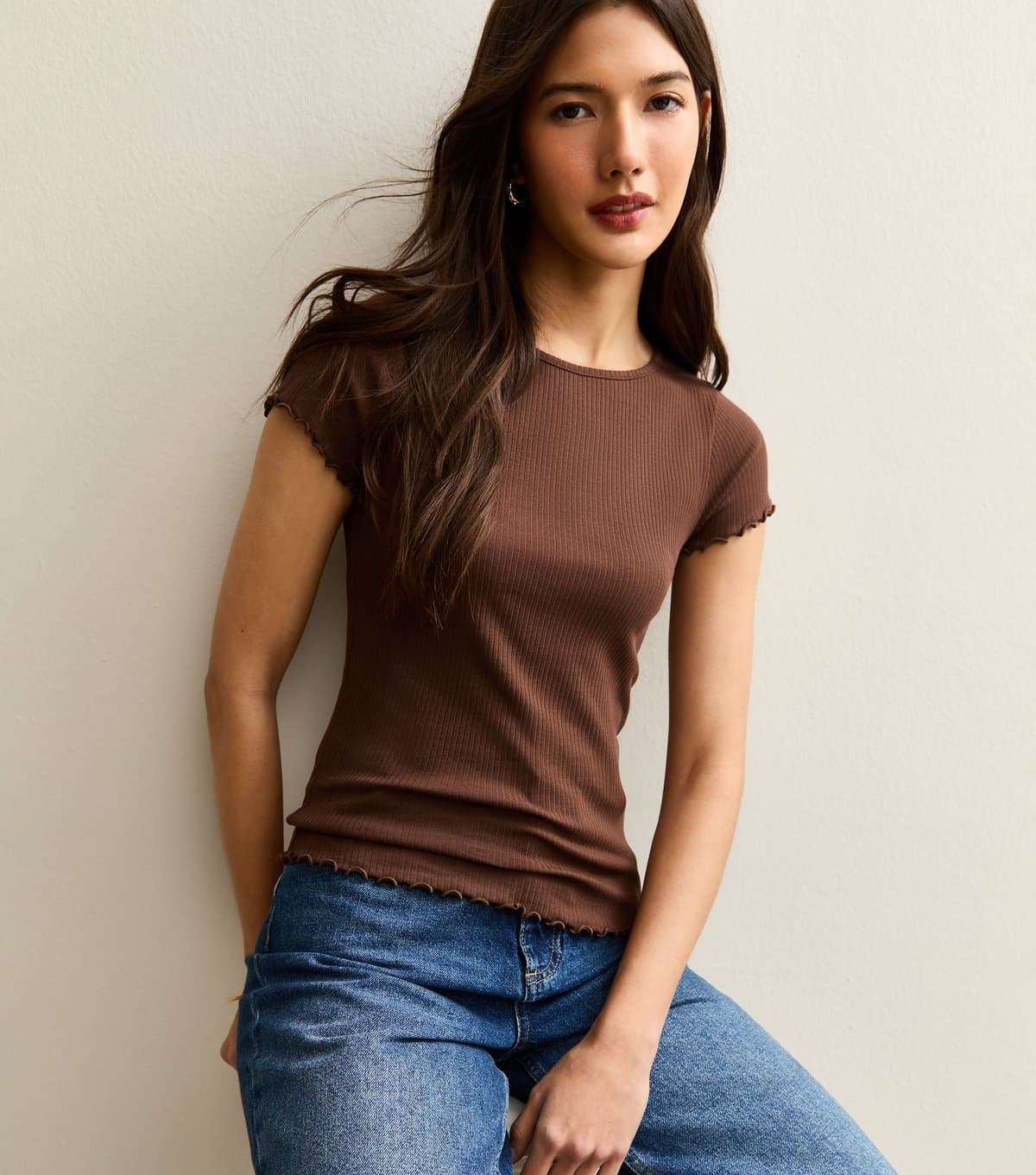 New Look New Look Dark Brown Ribbed Jersey Short Sleeve T-Shirt