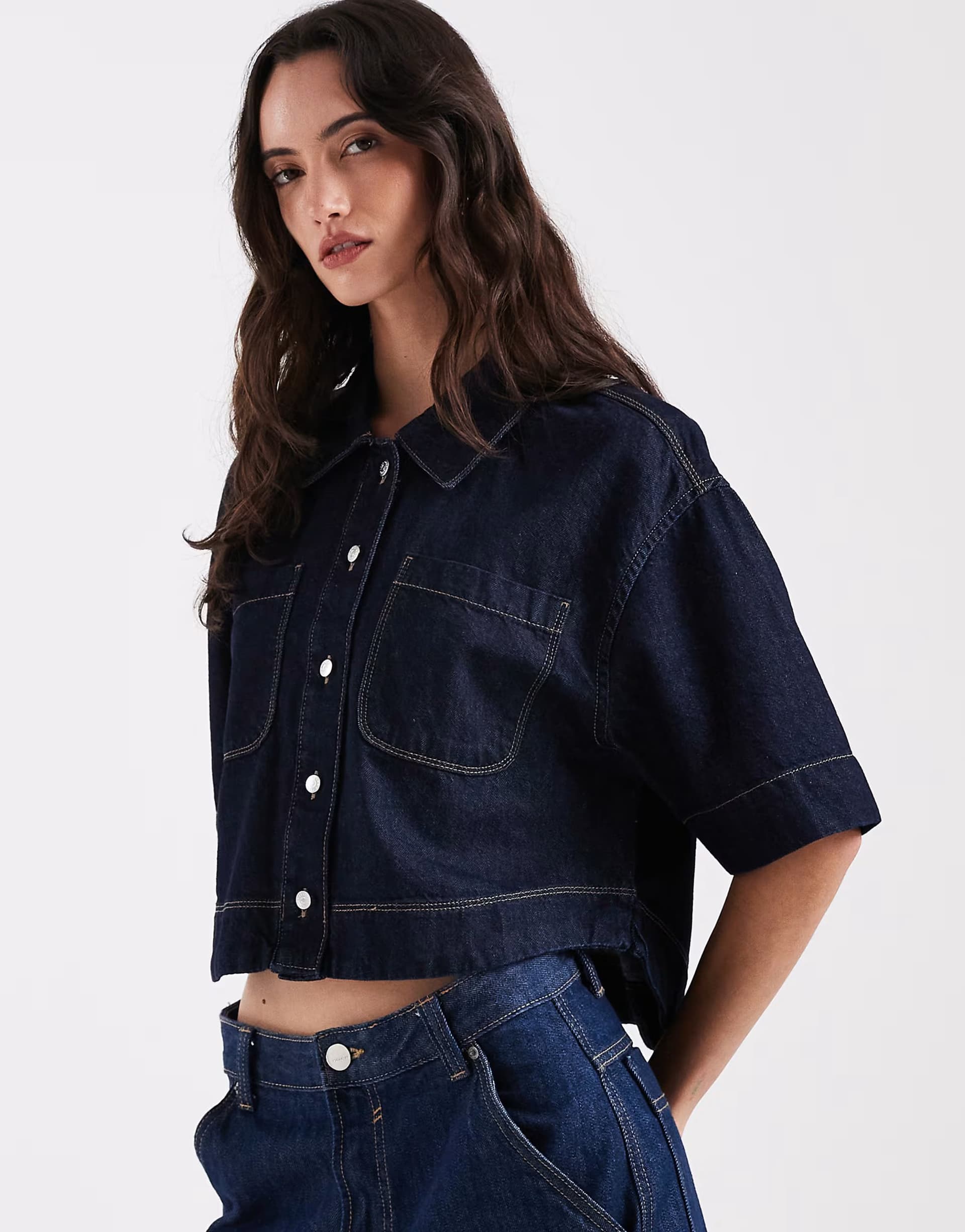 ASOS ONLY boxy cropped denim shirt in rinsed dark blue