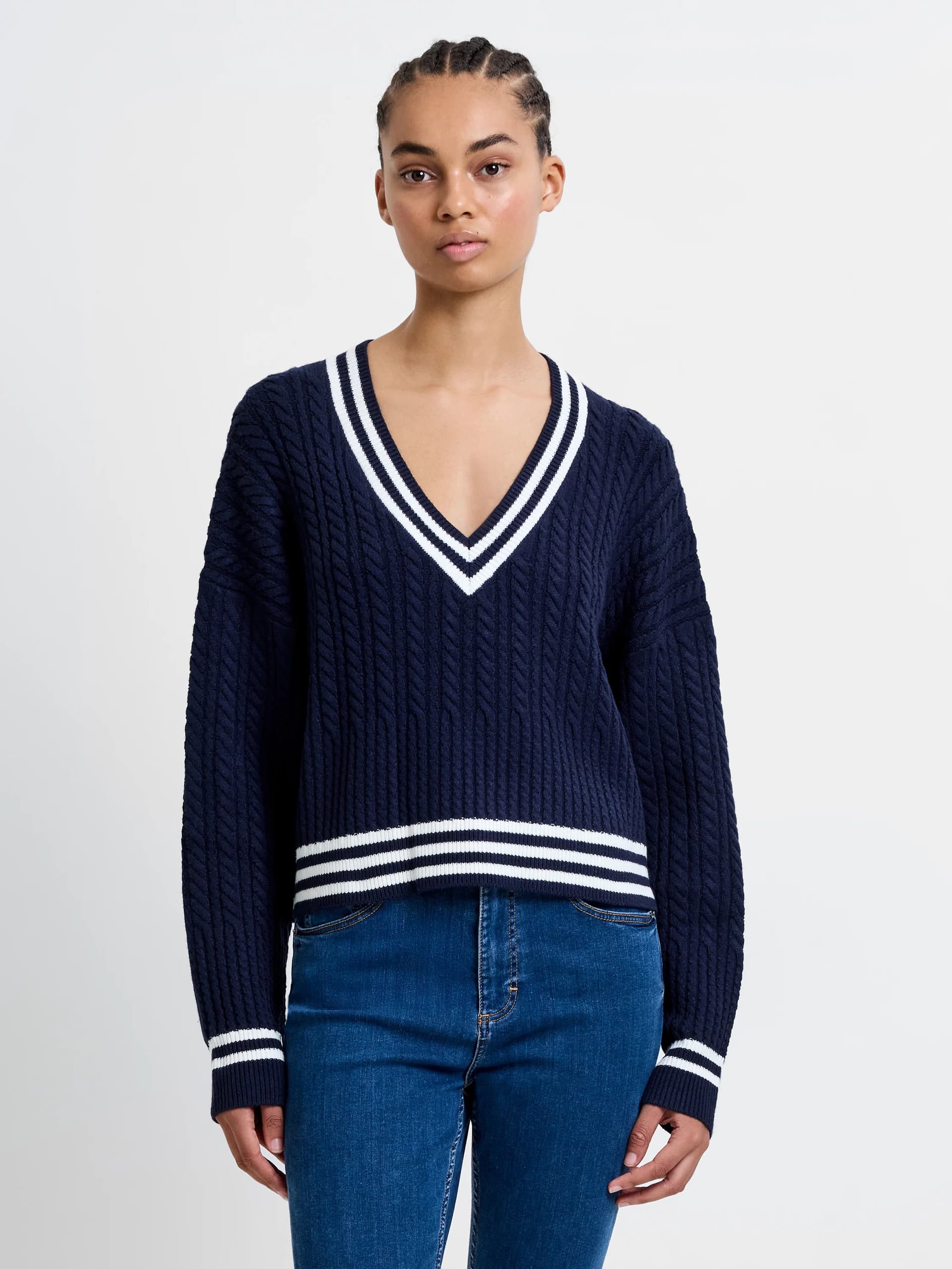 French Connection Babysoft Cable V Neck Jumper Duchess Blue/Win Wht