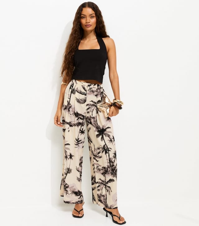 New Look Women's Petite White Palm Tree Print Wide Leg Trousers New Look - 3