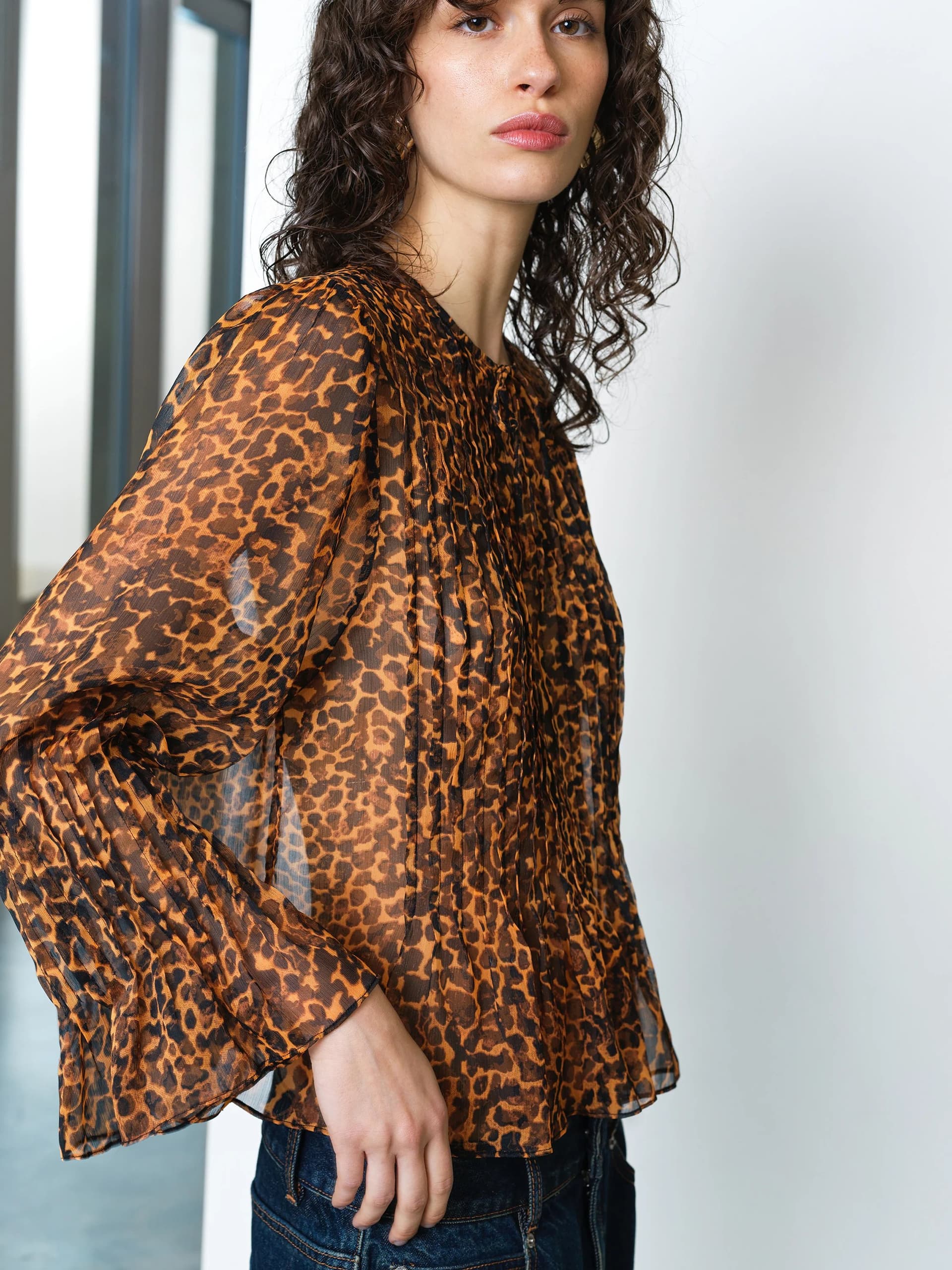 French Connection Lottie Chiffon Leopard Print Orange Peplum Blouse Orange Black/Multi