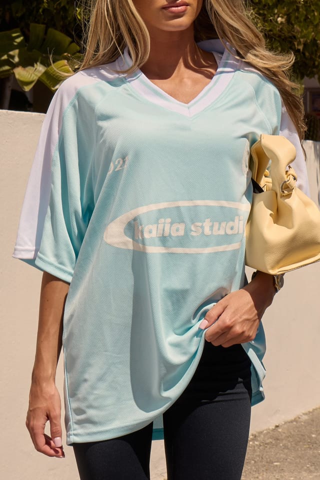 Kaiia Kaiia Oversized Short Sleeve Football Top Baby Blue & White - 2