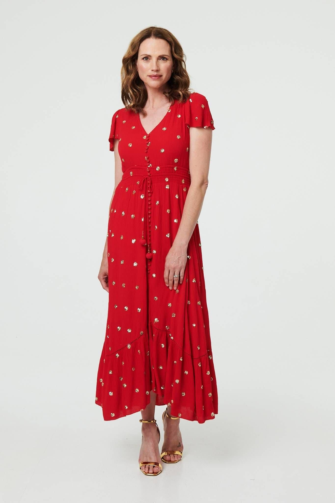 Izabel London Izabel London Women's Sparkly Cap Sleeve Tassel Tie Maxi Dress in Red