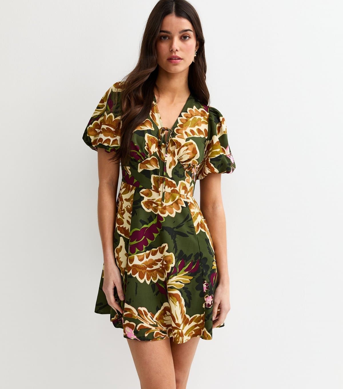 New Look Women's Green Floral Tie Front Mini Dress New Look