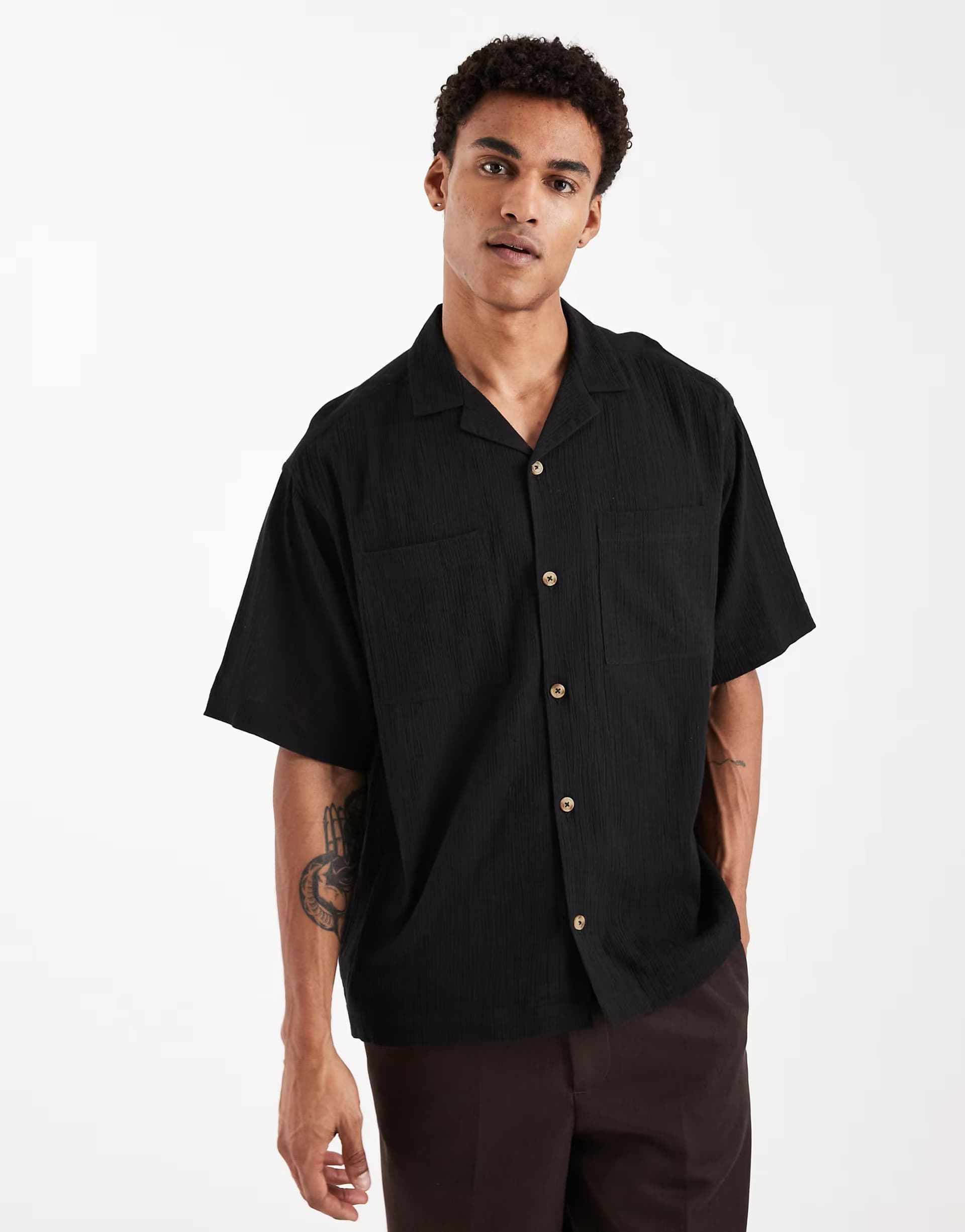 ASOS ASOS DESIGN oversized revere crinkle texture shirt in black