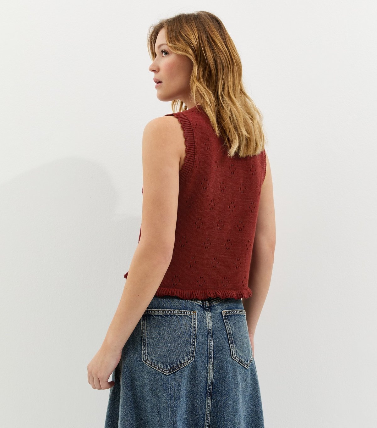 New Look Women's Dark Red Cotton Rich Stitch Detail Scallop Trim Waistcoat New Look - 4