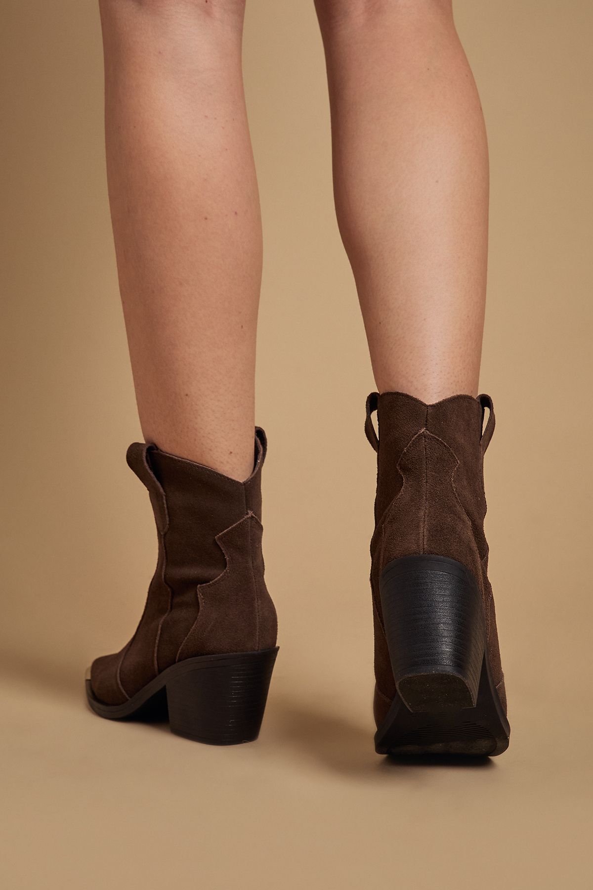 Oasis Oasis Women's Tammy Real Suede Metal Trim Western Ankle Boots in Chocolate - 3