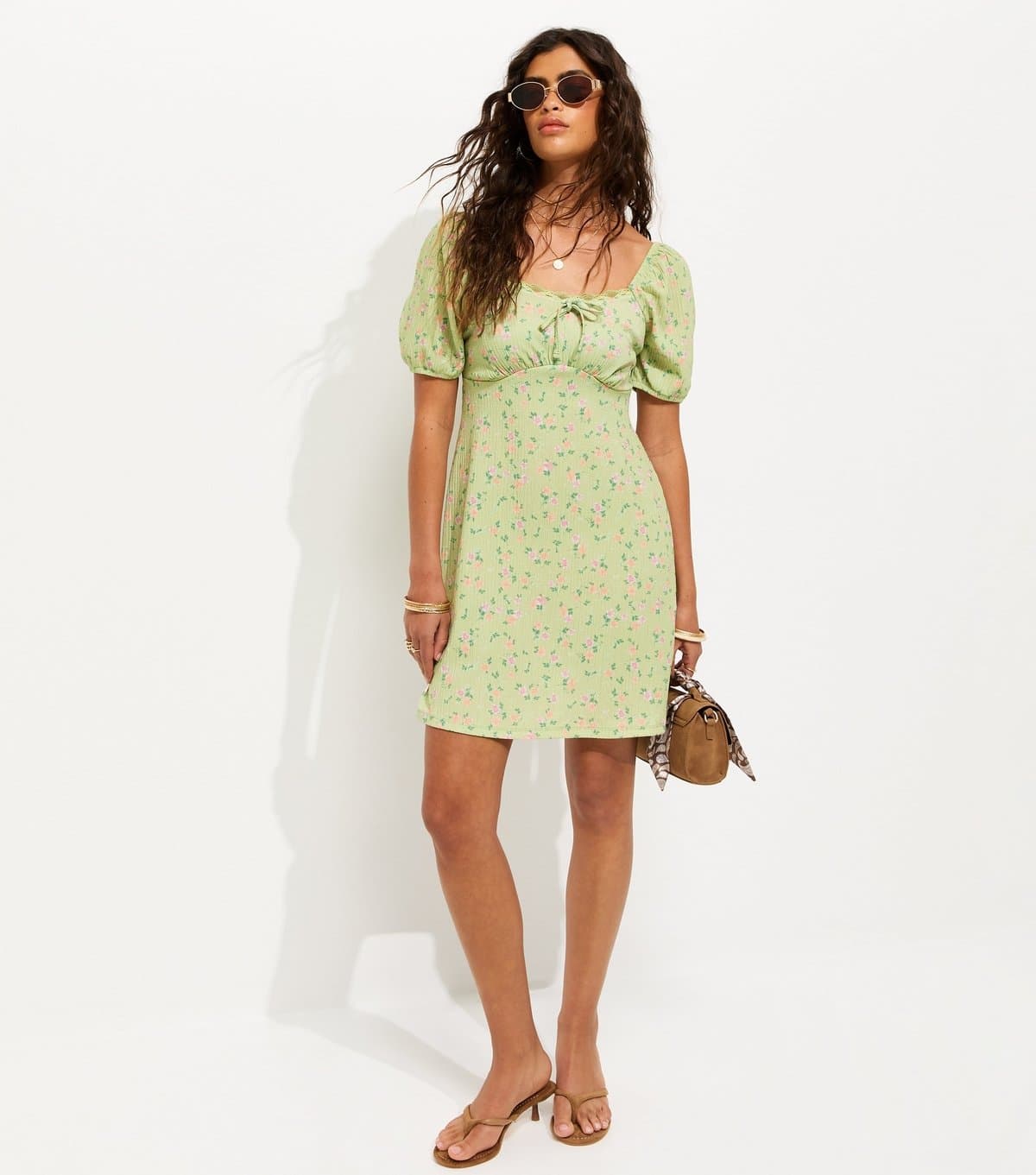 New Look Women's Green Floral Lace Trim Milkmaid Mini Dress New Look
