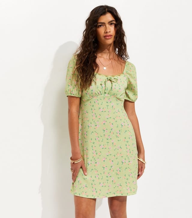 New Look Women's Green Floral Lace Trim Milkmaid Mini Dress New Look - 3