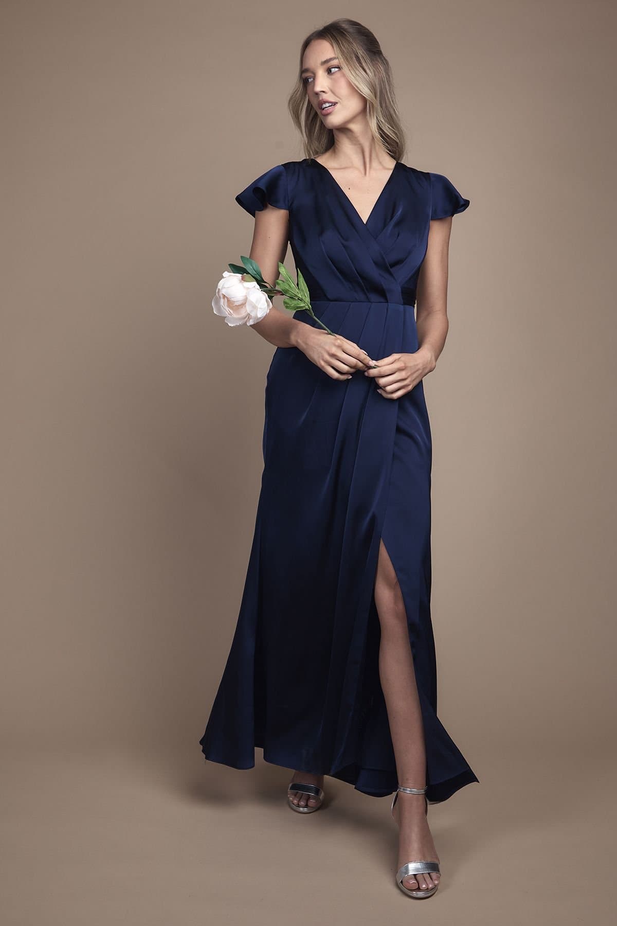Coast Coast Women's Wrap Front Flutter Sleeve Maxi Bridesmaid Dress in Navy