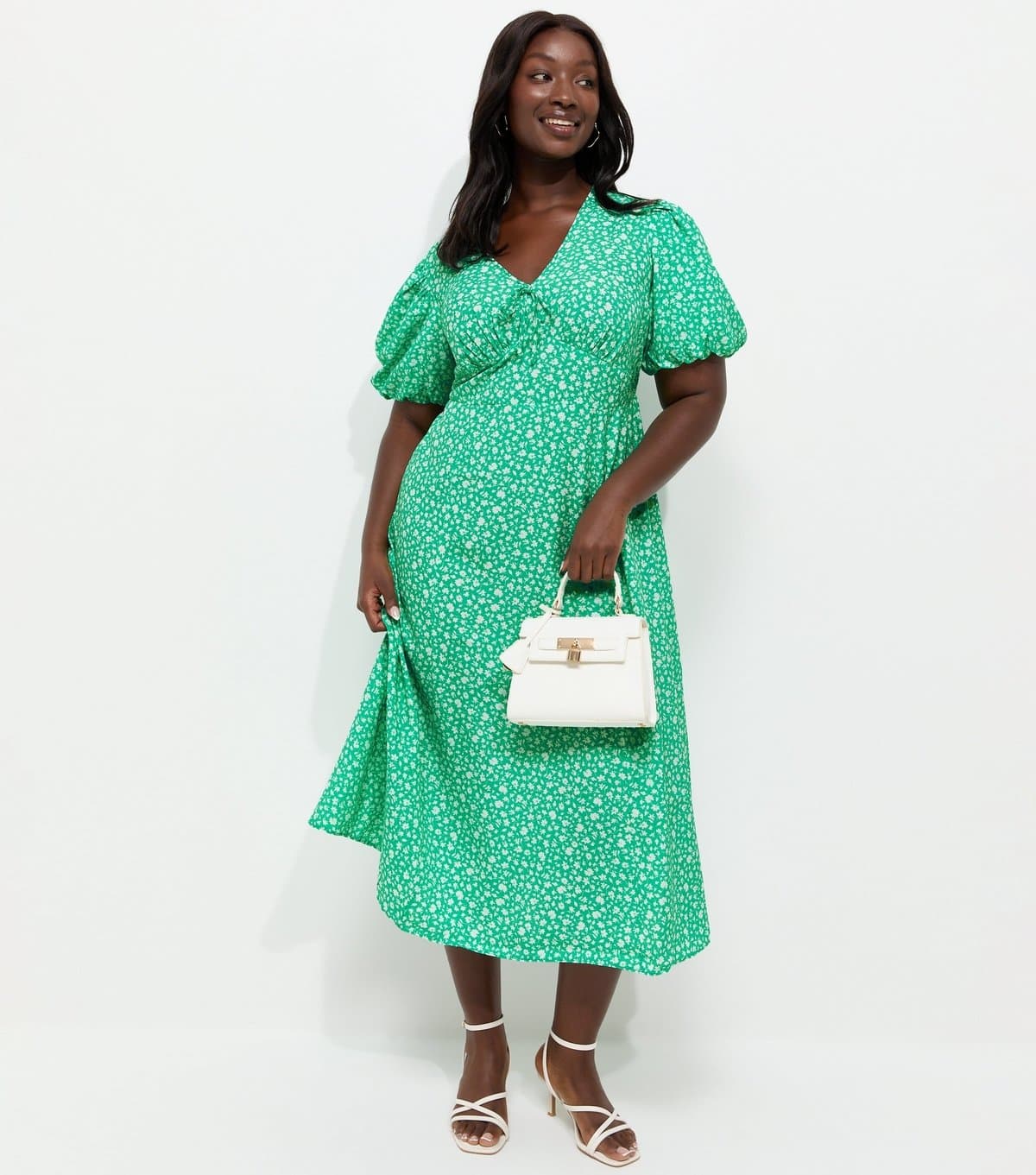 New Look Women's Plus Size Turquoise Crepe Ditsy Puff Sleeve Tie Midi Dress Curves New Look