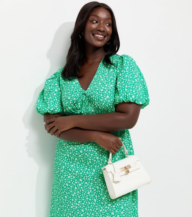 New Look Women's Plus Size Turquoise Crepe Ditsy Puff Sleeve Tie Midi Dress Curves New Look - 2