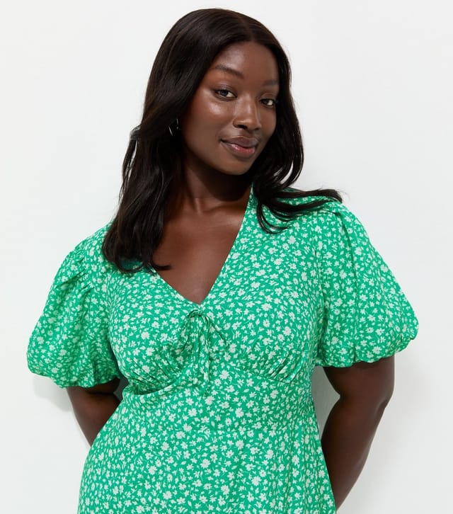 New Look Women's Plus Size Turquoise Crepe Ditsy Puff Sleeve Tie Midi Dress Curves New Look - 3