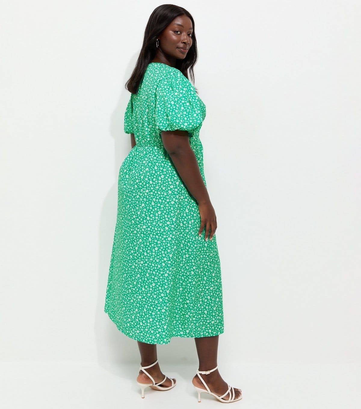 New Look Women's Plus Size Turquoise Crepe Ditsy Puff Sleeve Tie Midi Dress Curves New Look - 4