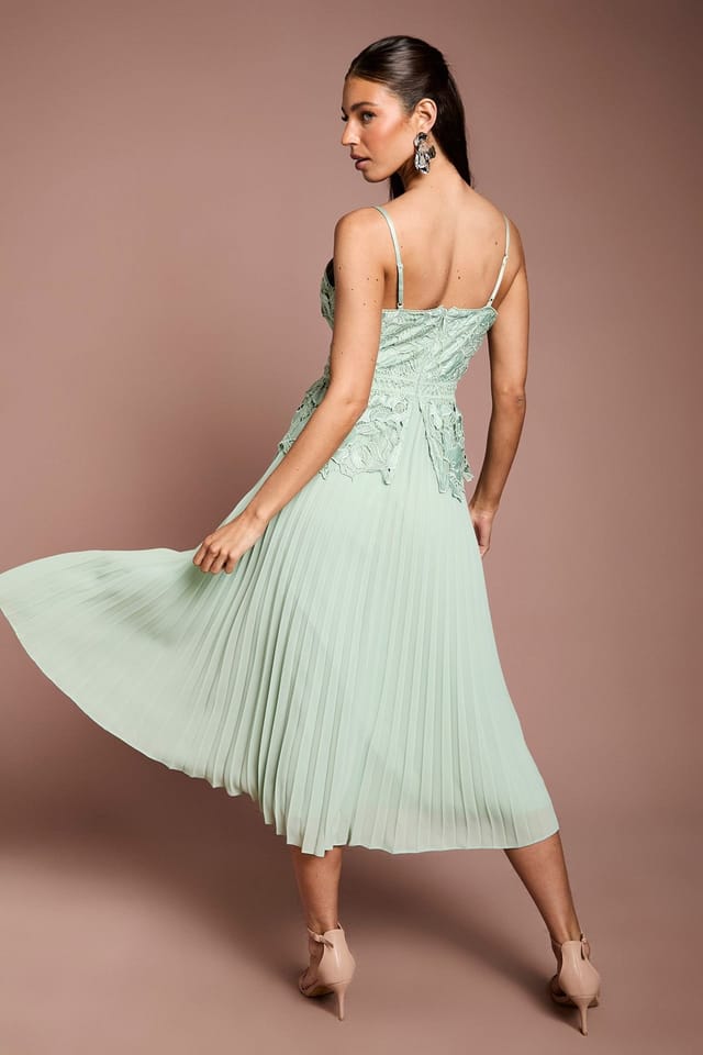 Coast Coast Women's Satin Lace Pleated Midi Dress in Sage - 3