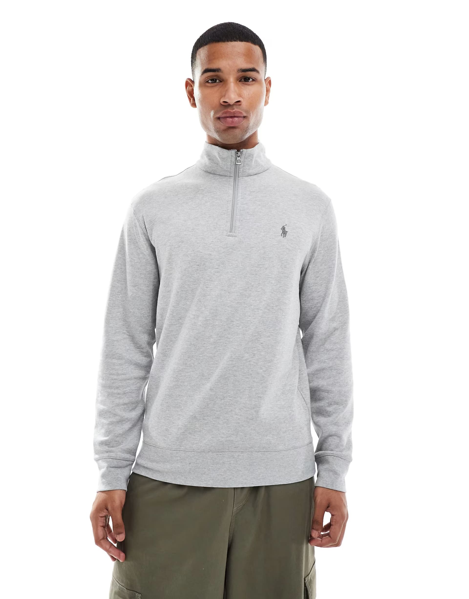ASOS Polo Ralph Lauren icon logo double knit half zip sweatshirt in grey marl