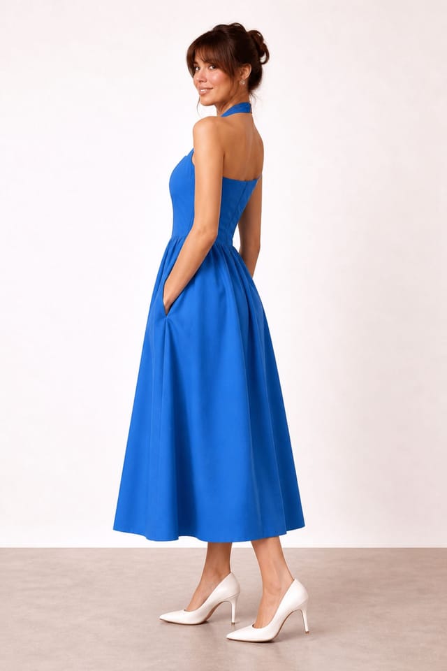 Style Cheat Style Cheat Women's Elsie Cotton Halter Midi fit & Flair Dress in Blue - 2