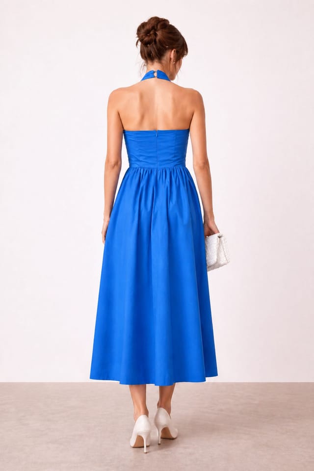Style Cheat Style Cheat Women's Elsie Cotton Halter Midi fit & Flair Dress in Blue - 3