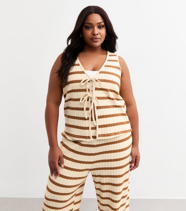 New Look Women's Plus Size Cream Textured Striped Tie Front Vest Curves New Look - 2