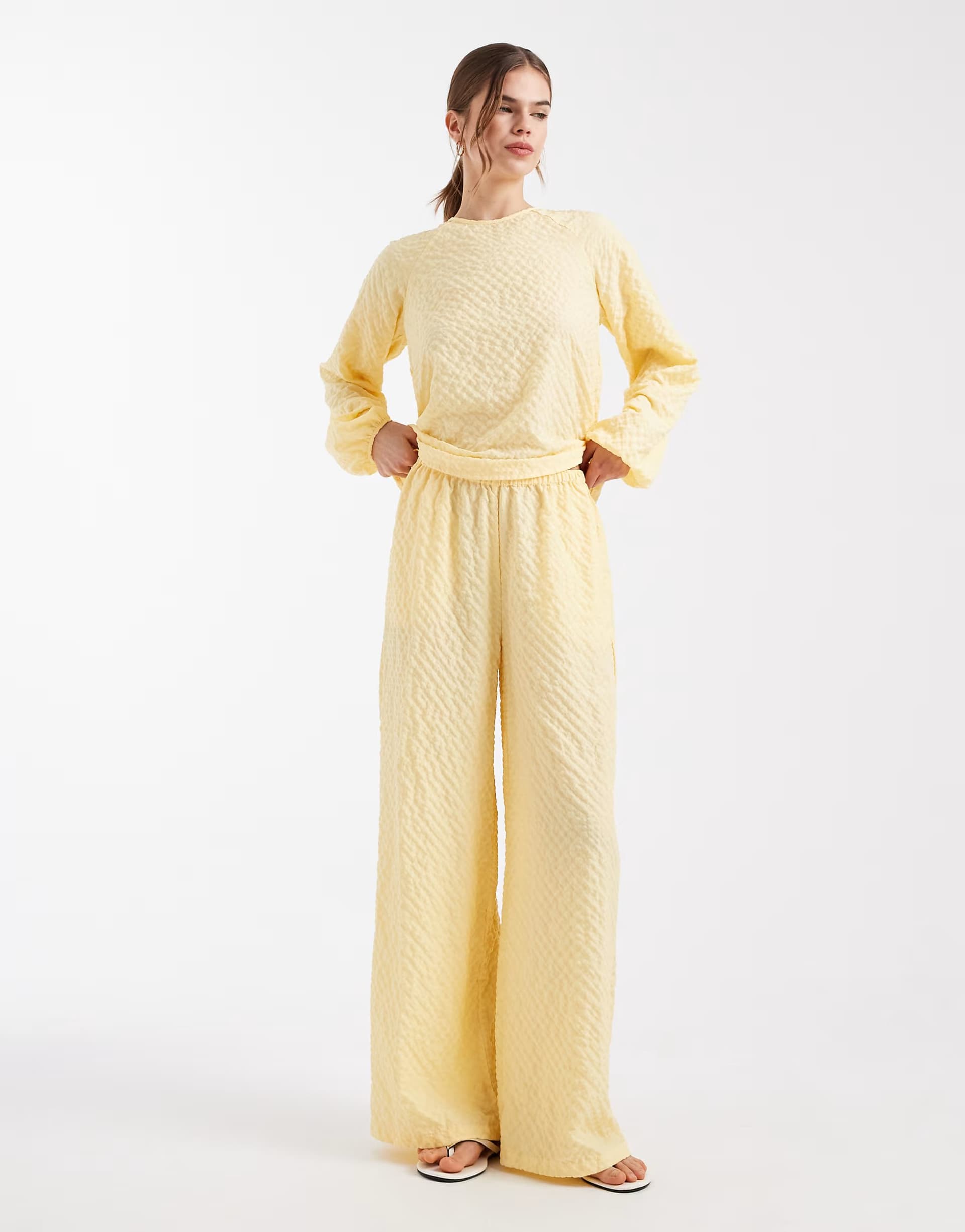 ASOS Vero Moda textured wide leg touser co-ord in yellow