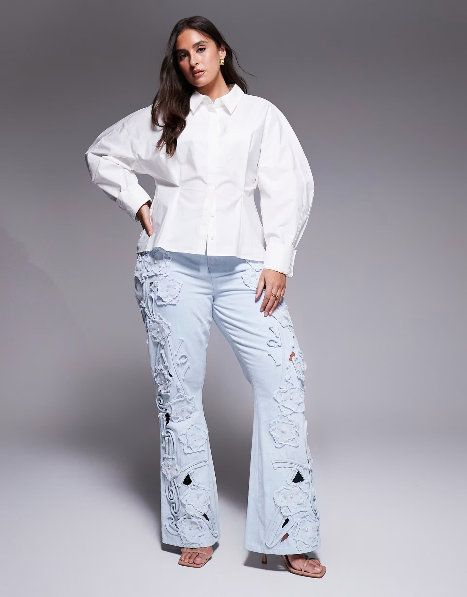 ASOS ASOS LUXE Curve denim pearl embellished cornellli jeans with organza flowers in blue