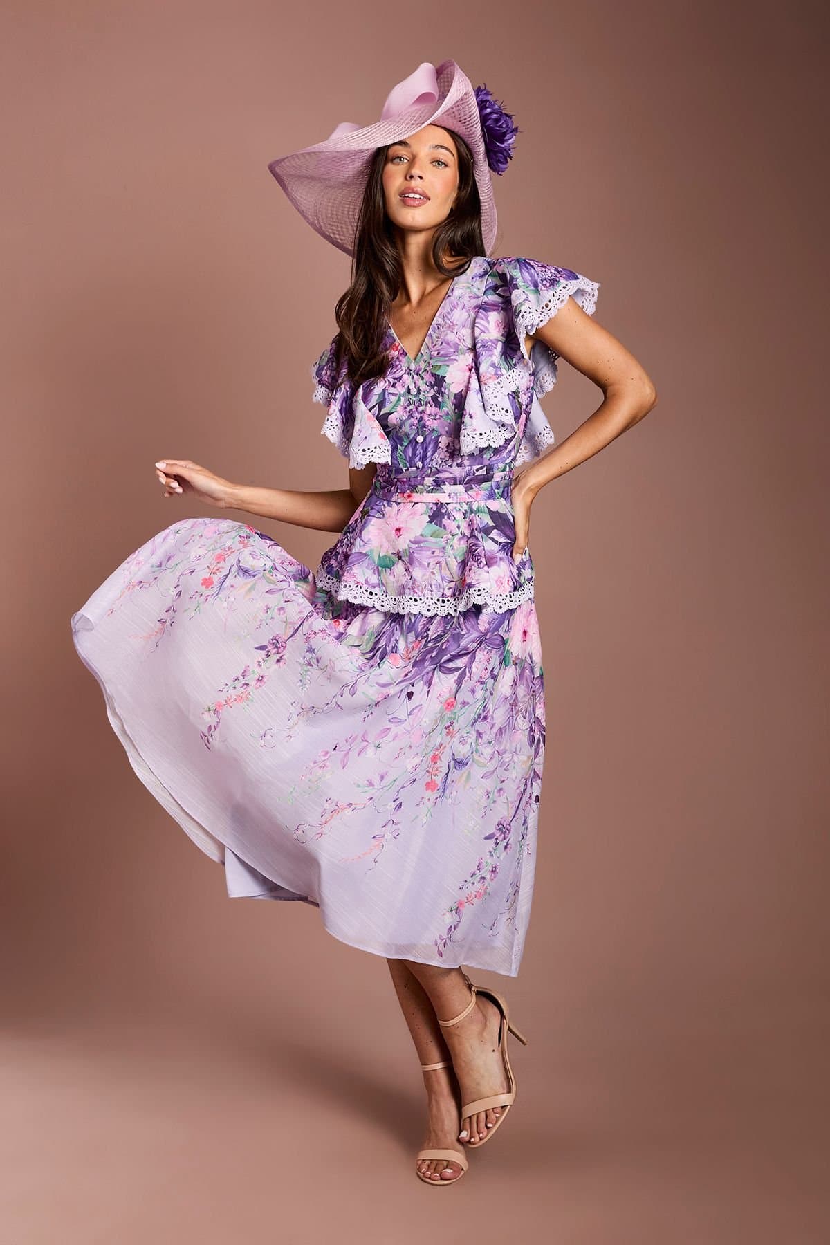 Coast Coast Women's Lisa Tan V Neck Ruffle Shoulder Midi Dress in Lilac