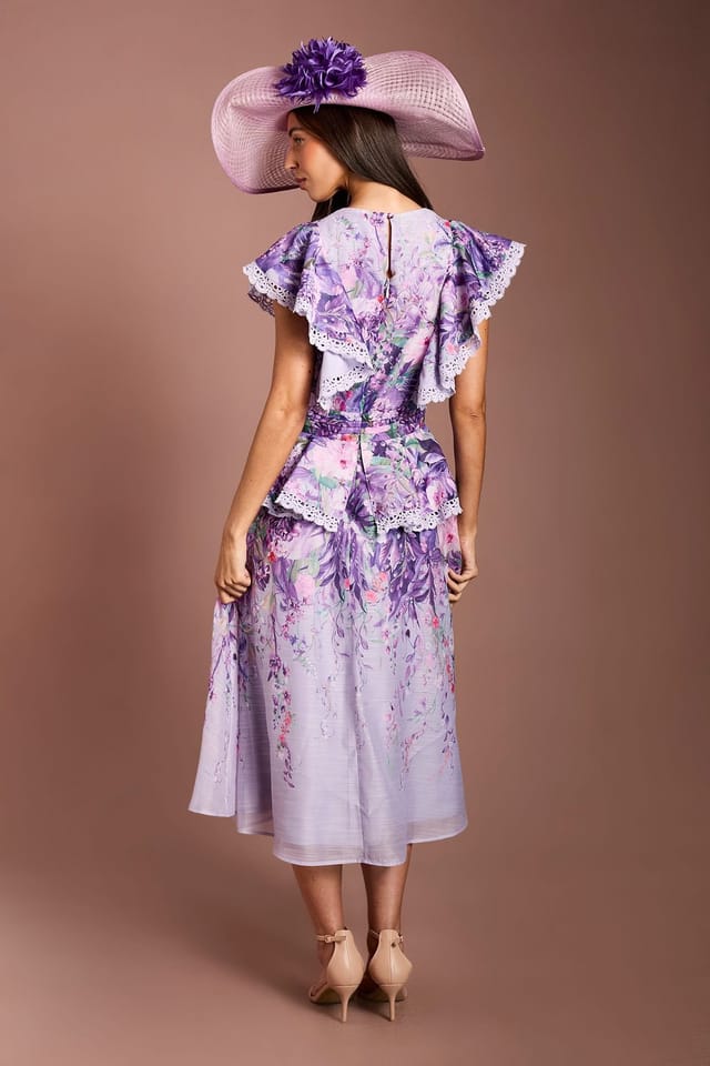Coast Coast Women's Lisa Tan V Neck Ruffle Shoulder Midi Dress in Lilac - 3