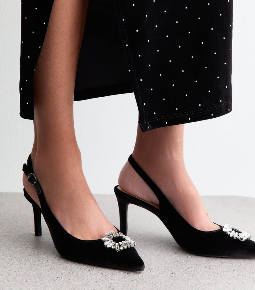 New Look Women's Black Velvet Slingback Diamante Court Shoes Vegan New Look - 1