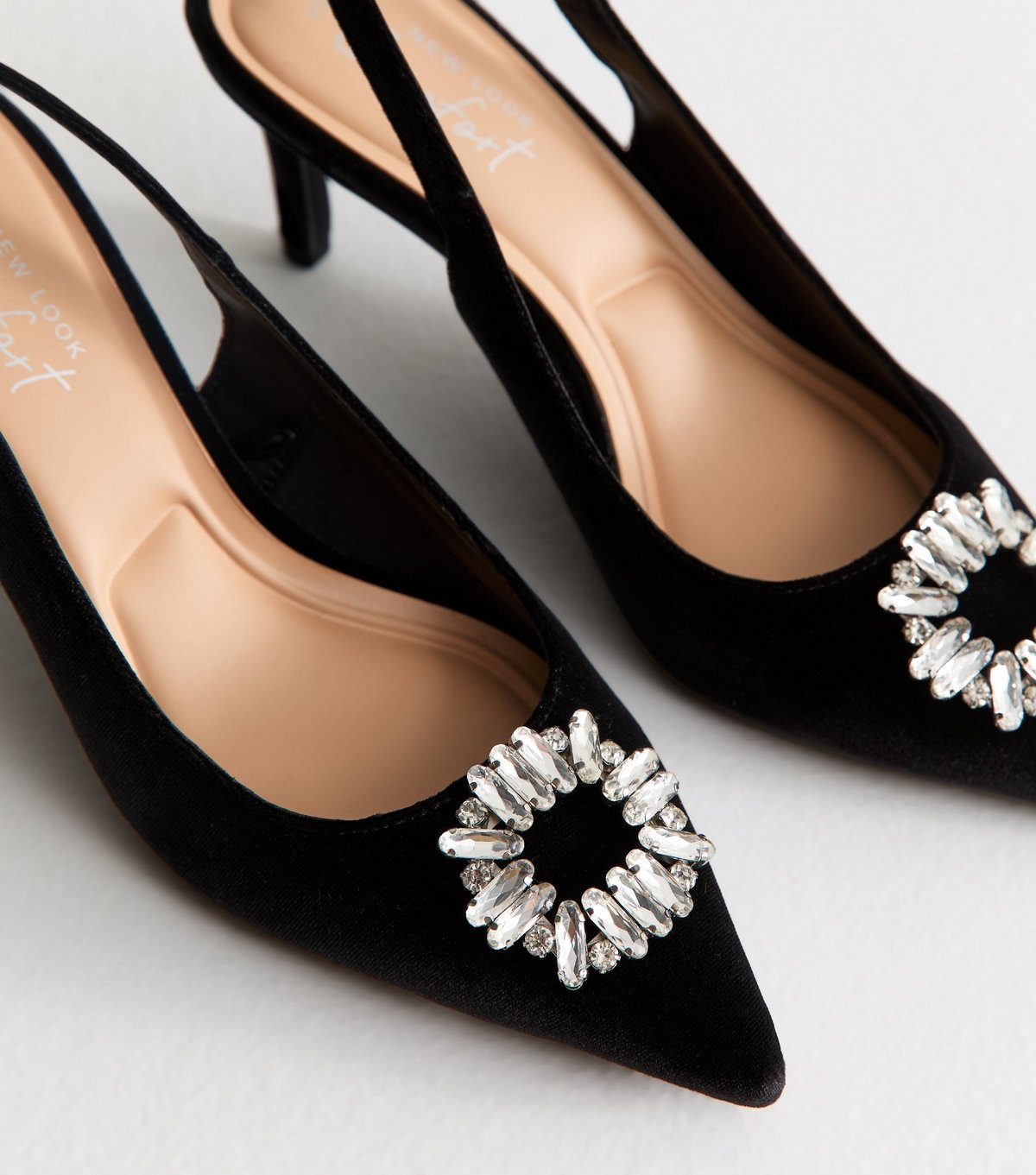 New Look Women's Black Velvet Slingback Diamante Court Shoes Vegan New Look - 4