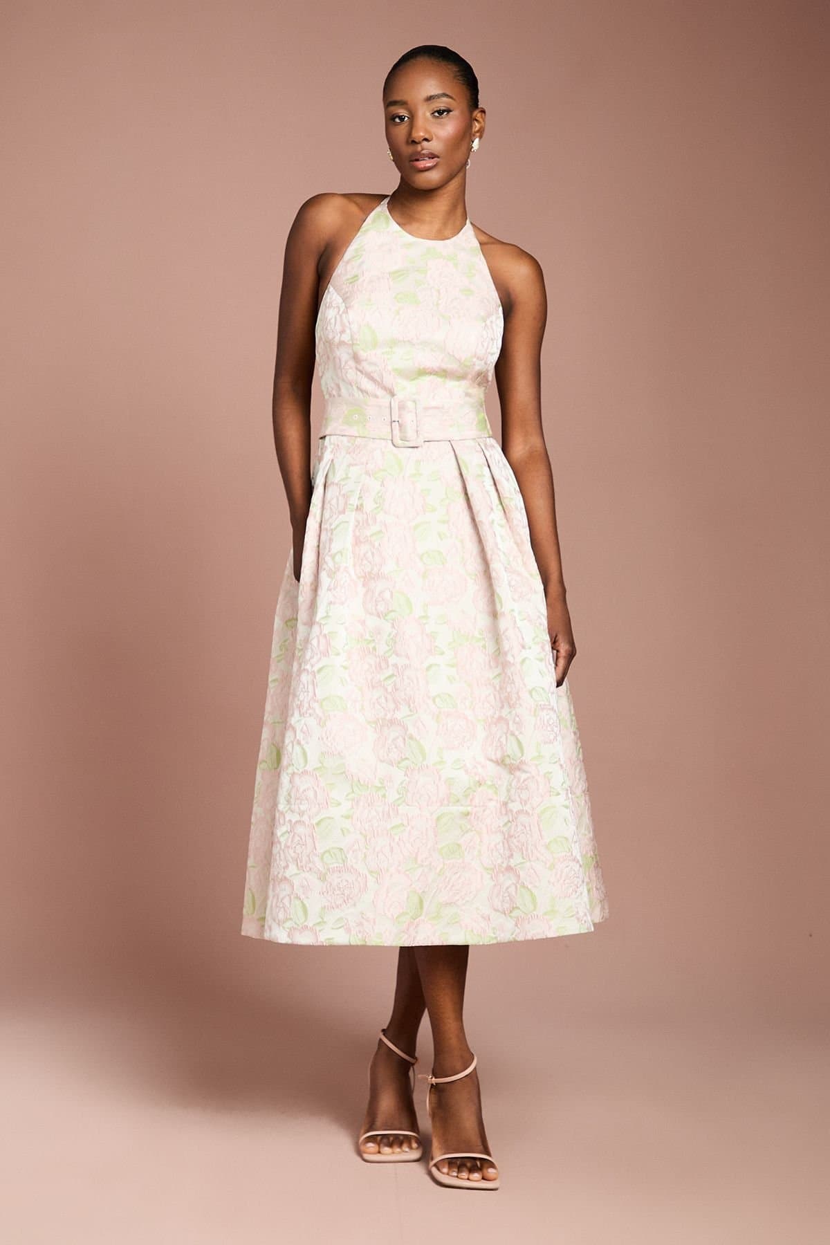 Coast Coast Women's Halter Neck Jacquard Belted Midi Dress in Neutral