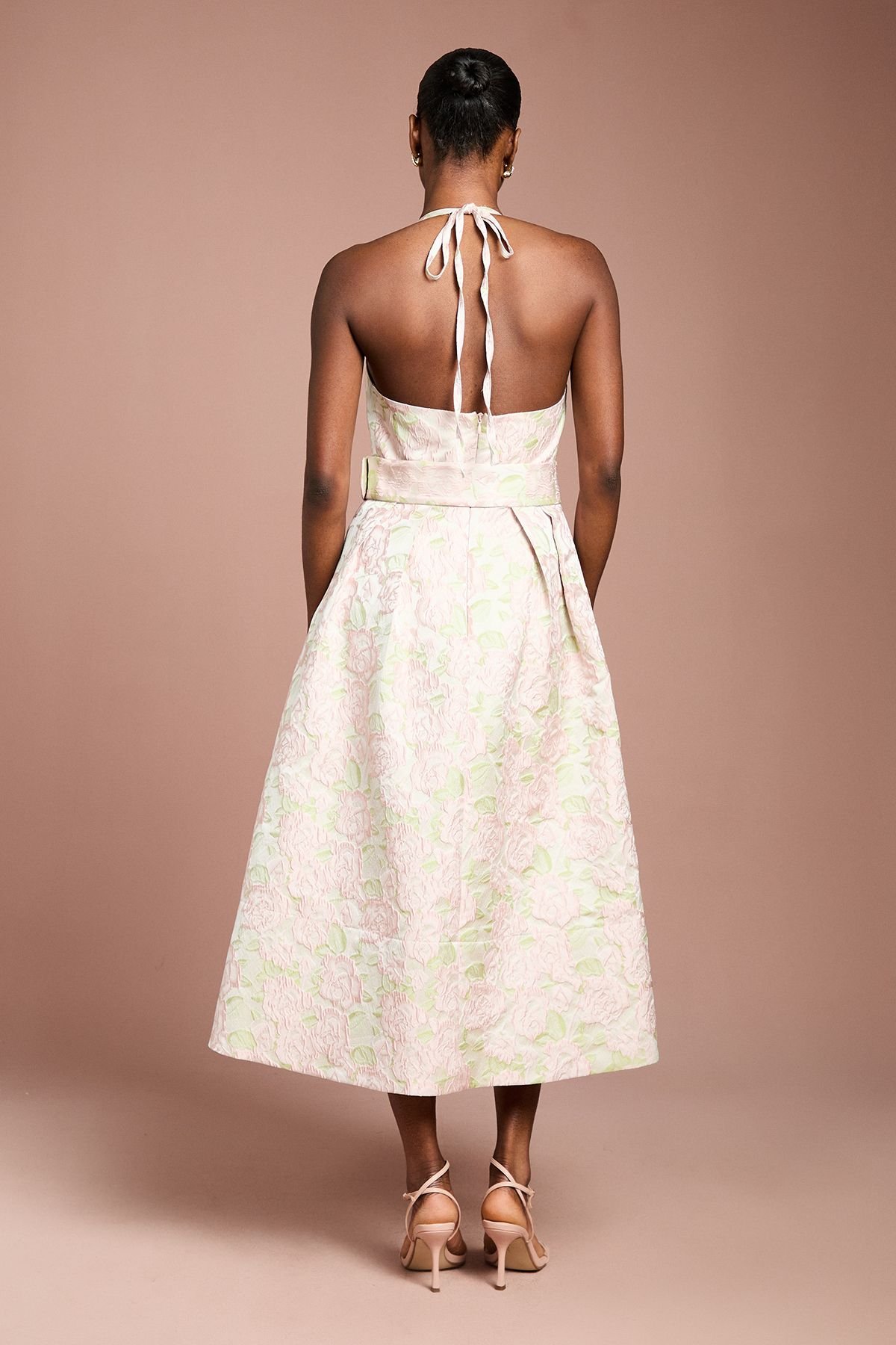 Coast Coast Women's Halter Neck Jacquard Belted Midi Dress in Neutral - 3