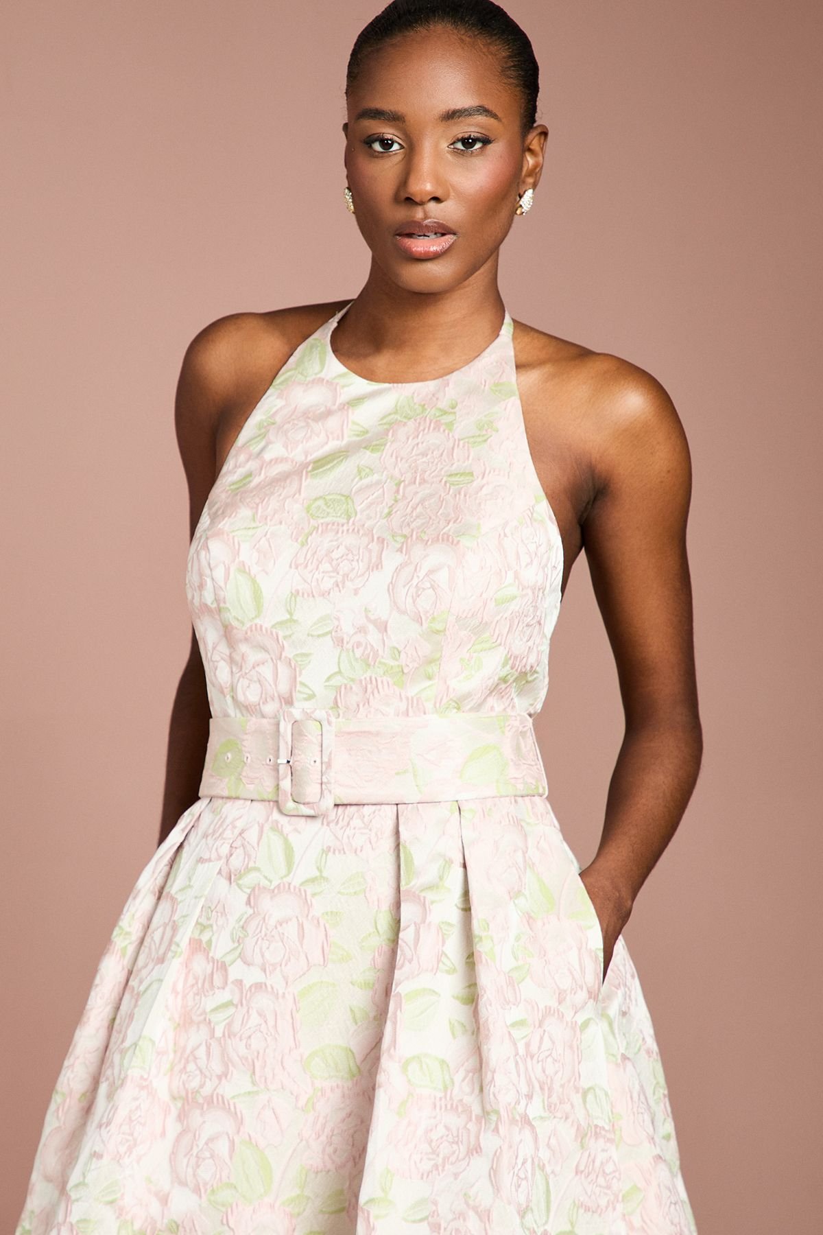 Coast Coast Women's Halter Neck Jacquard Belted Midi Dress in Neutral - 4