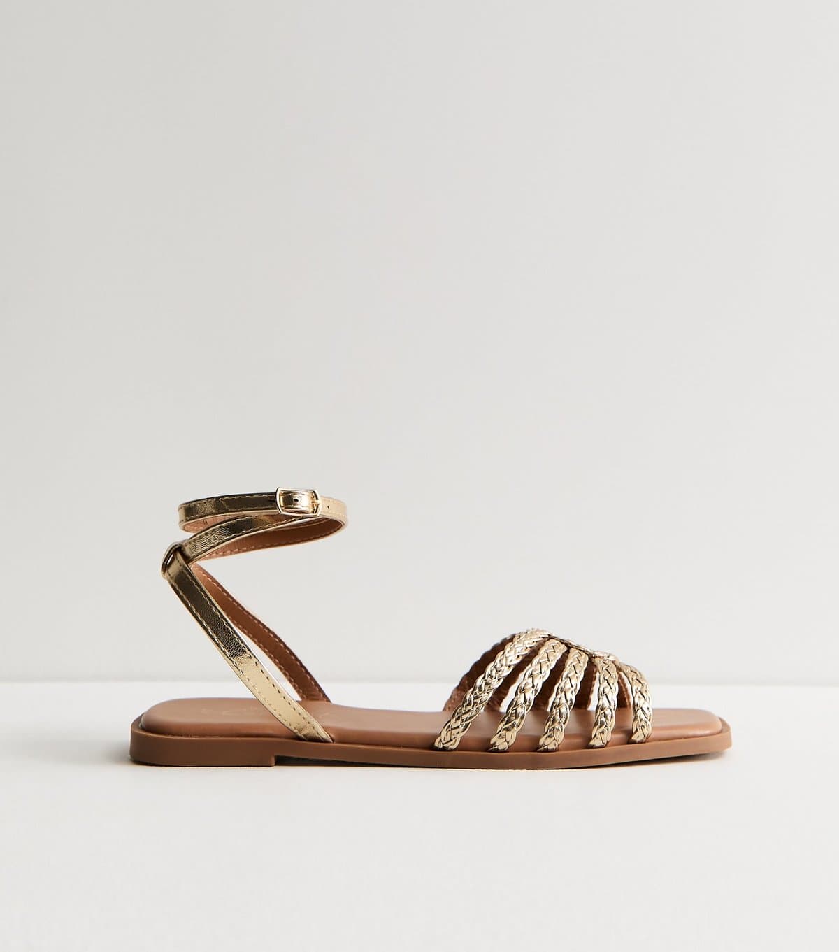 New Look Women's Gold Plaited Strap Flat Sandals Vegan New Look