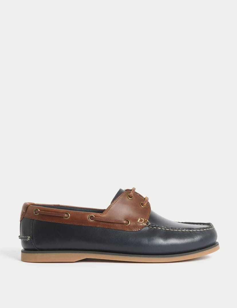 Marks & Spencer M&S Wide Fit Leather Boat Shoes Navy Mix - 1