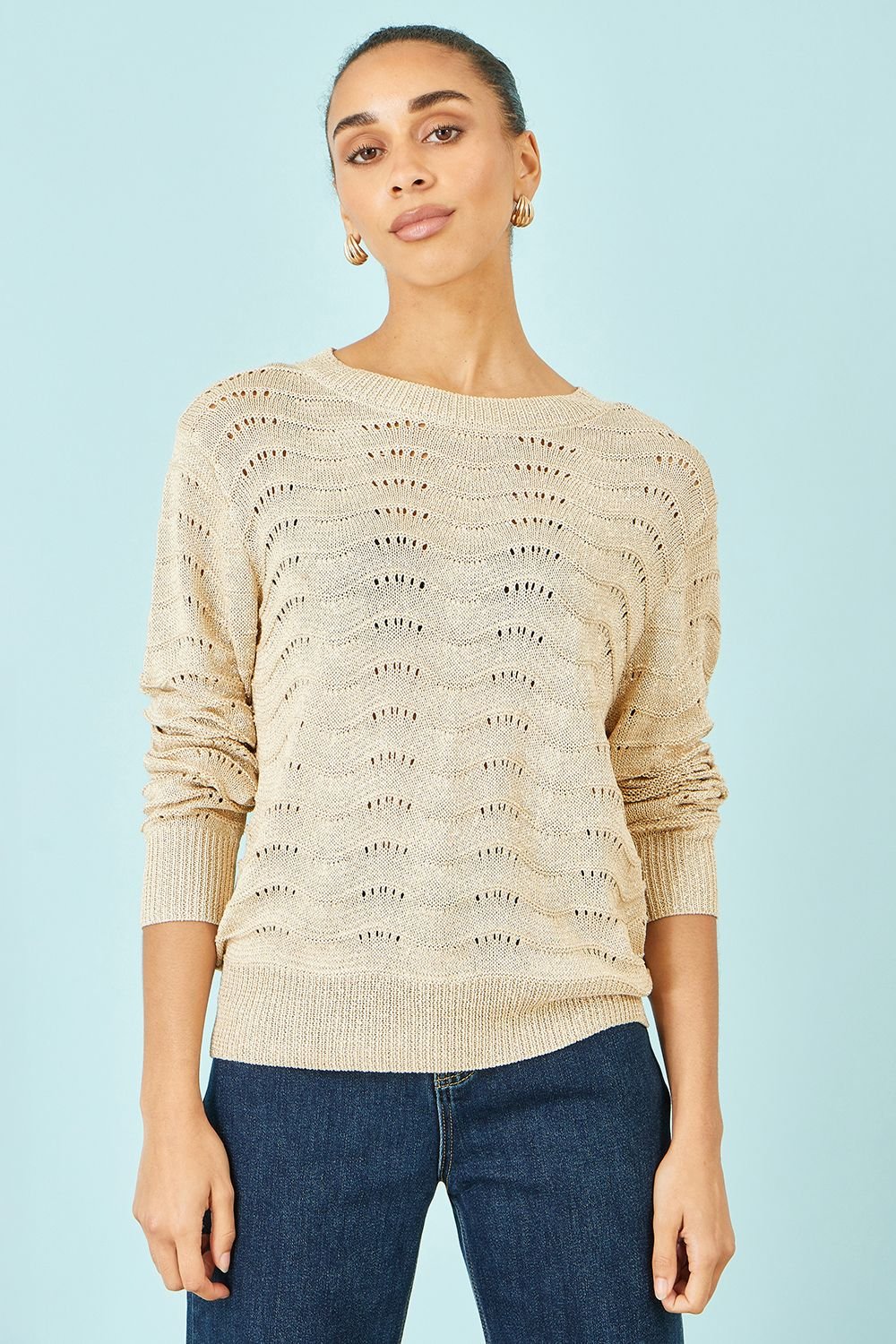 Yumi Yumi Women's Beige Wave Metallic Thread Relaxed Jumper - 2