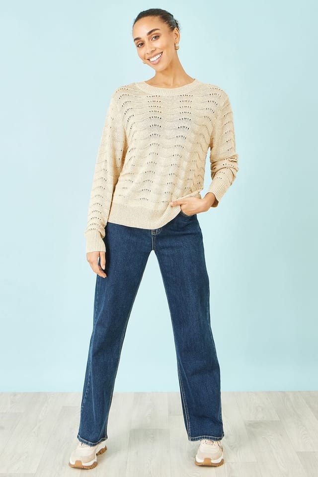 Yumi Yumi Women's Beige Wave Metallic Thread Relaxed Jumper - 3