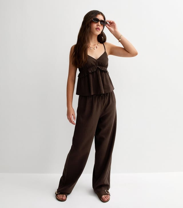 New Look Girls' Dark Brown Linen Blend Wide Leg Trousers New Look - 2