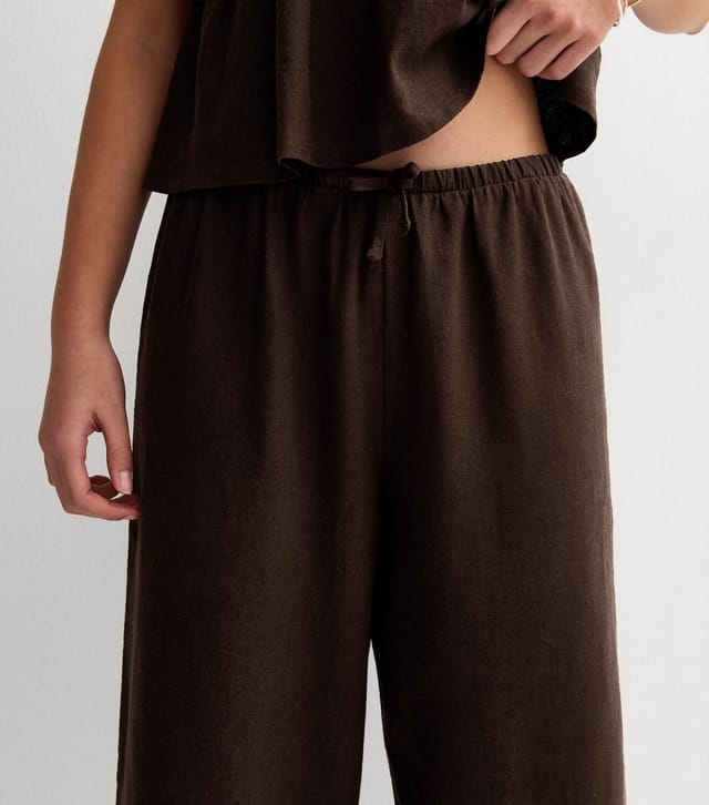 New Look Girls' Dark Brown Linen Blend Wide Leg Trousers New Look - 3