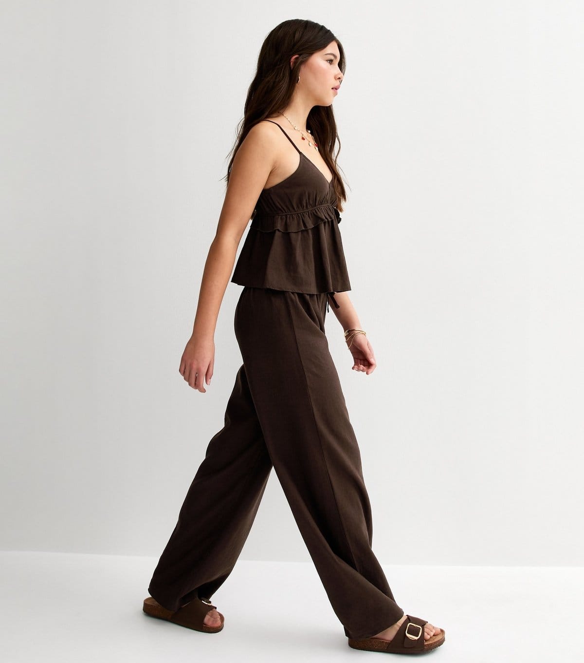 New Look Girls' Dark Brown Linen Blend Wide Leg Trousers New Look - 4