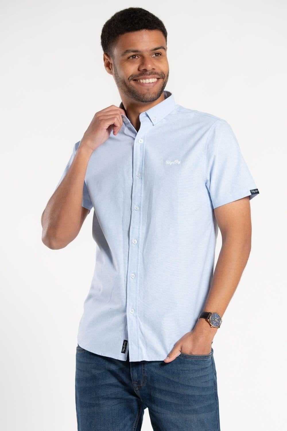 Tokyo Laundry Tokyo Laundry Men's Cotton Short Sleeved Button-Up Oxford Shirt in Light Blue - 4